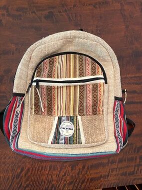 Pure World Natural Multi-Stripe Boho Backpack - Natural & Red Accents